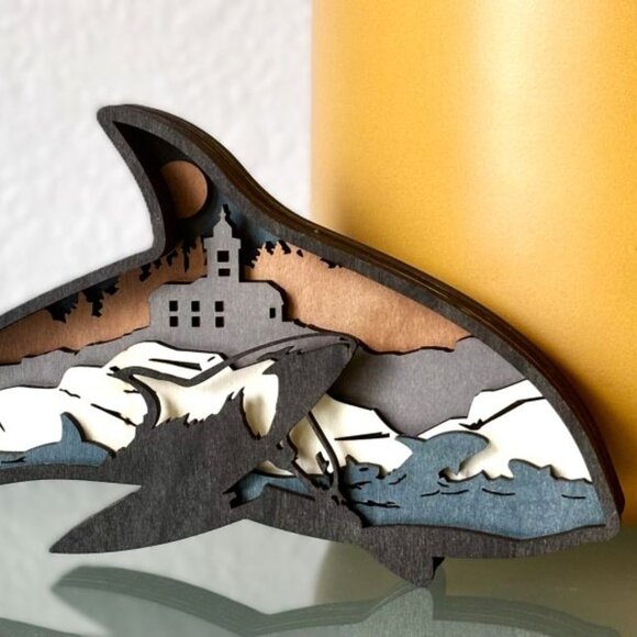 Orca Killer Whale Coastal Ocean Wooden Diorama Sculpture 3D Figure Table Décor - Picture 1 of 7